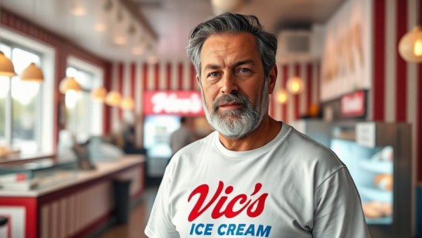 Man in Vic’s Ice Cream shirt at newly reopened Land Park shop.