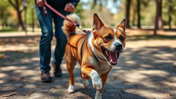 Dog pulling on leash while person struggles in park.
