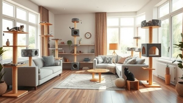 Modern living room with cat trees to stop furniture scratching.