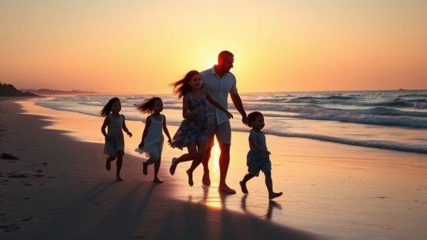 Family enjoying the sunset on the beach, embodying gratitude practices.