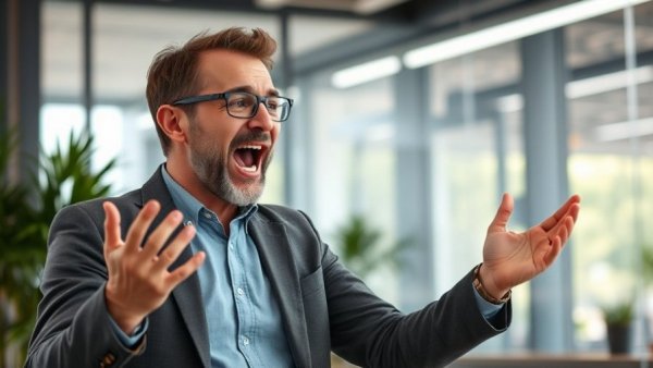 Man speaks passionately about self-control in wellness, vibrant indoor office.