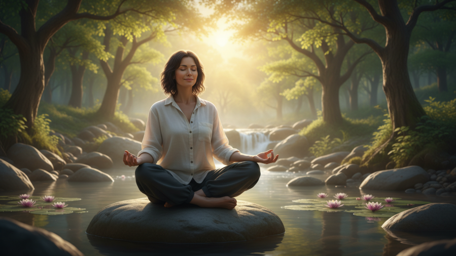 a woman meditating in a natural setting for self-care