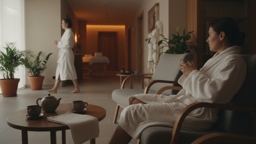 Experience personalized spa comfort in Bend, featuring a cozy relaxation lounge.
