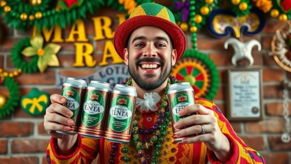 Festive man with colorful attire showing Mardi Gras brew at Oak Park Brewing.