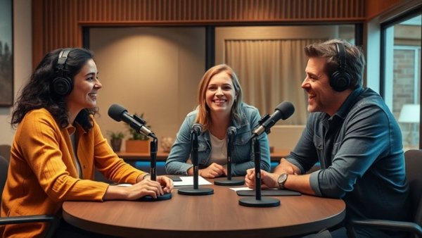 Three people in a podcast studio engaging in conversation.