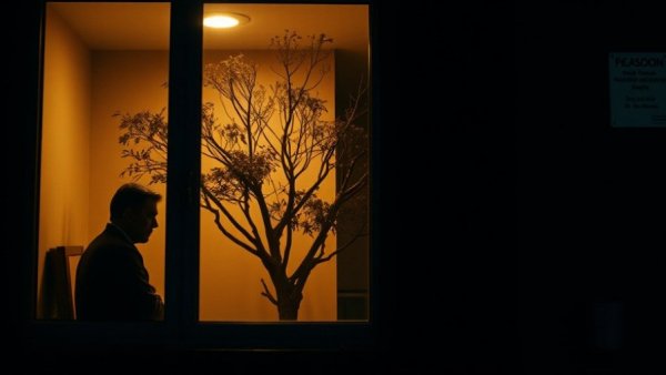 Mindfulness practices in a softly lit room viewed from outside at night.