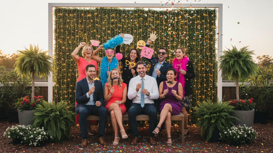 Joyful guests at a photo booth rental Sacramento with colorful props amid greenery.