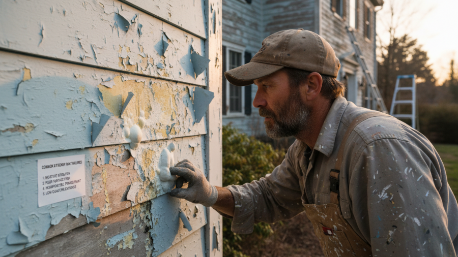 Painter examines bubbling exterior paint to uncover why exterior paint fails.