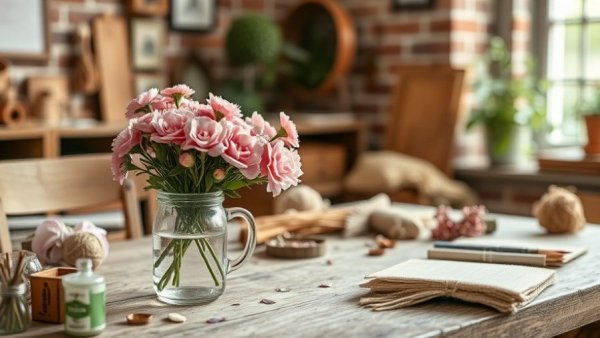 Crafting activity setup with pink flowers in Sacramento