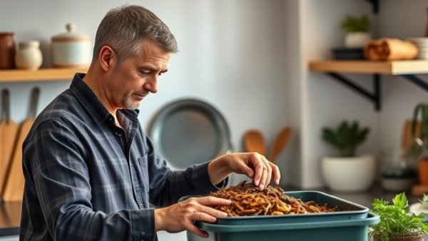 Focused man handling indoor worm composting bin in modern kitchen.