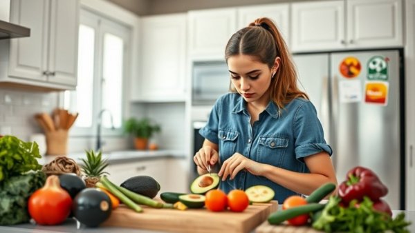 Woman preparing healthy food in modern kitchen, listening to your body.