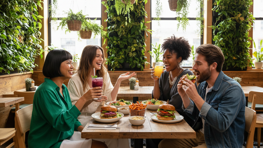 Modern plant-based burger dining with friends at eco-friendly restaurant, healthy eating focus.