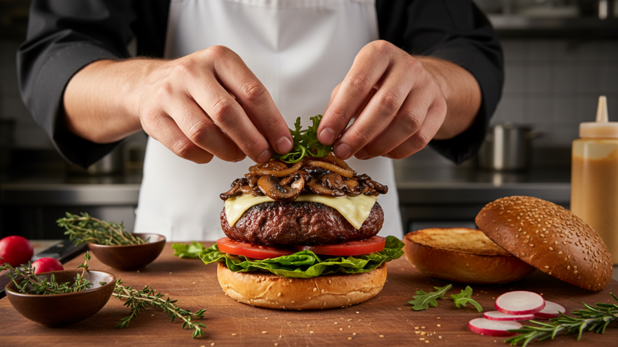 Chef assembling a healthy plant-based mushroom burger with whole ingredients, nutrient-rich focus.