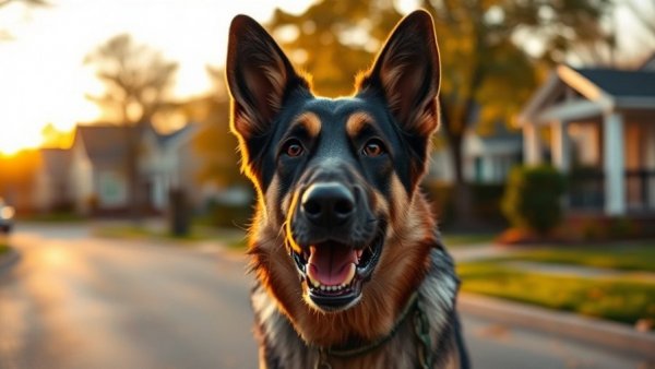 Dog walking techniques: German Shepherd on a sunset walk.