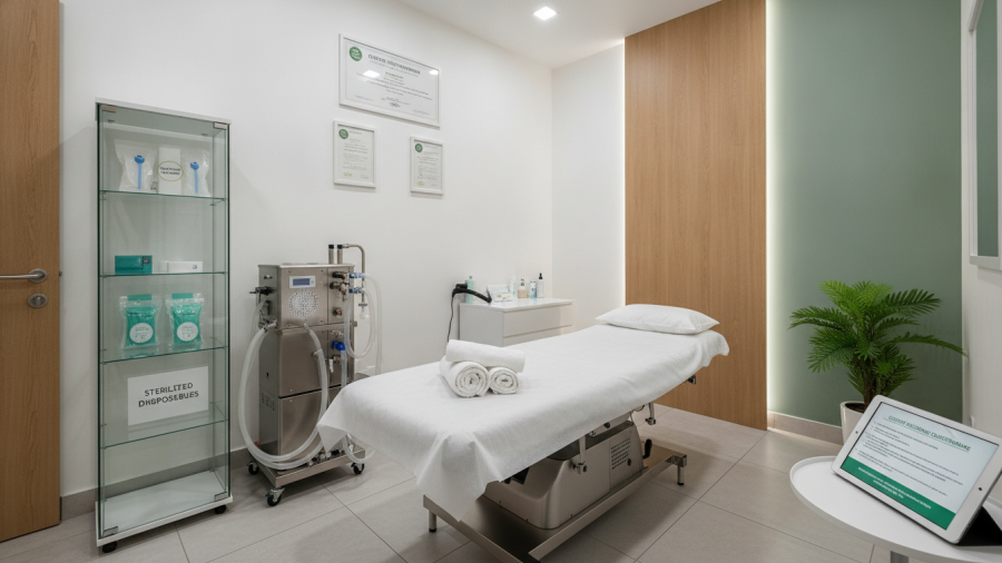 Clean colon hydrotherapy treatment room demonstrating safety standards and single-use equipment.