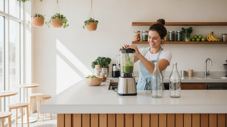 Modern healthy smoothie bar in Sacramento with cheerful barista preparing fresh green smoothies.