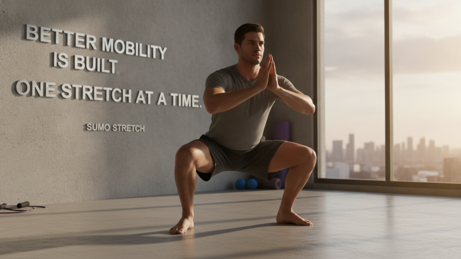 Man demonstrating sumo squat stretch for better mobility in Sacramento.