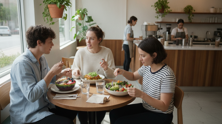 Diverse crowd enjoying a plant based cafe Sacramento, featuring fresh superfood bowls.
