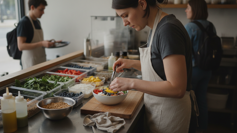 Barista serves smoothie bowls at friendly Sacramento plant based café counter