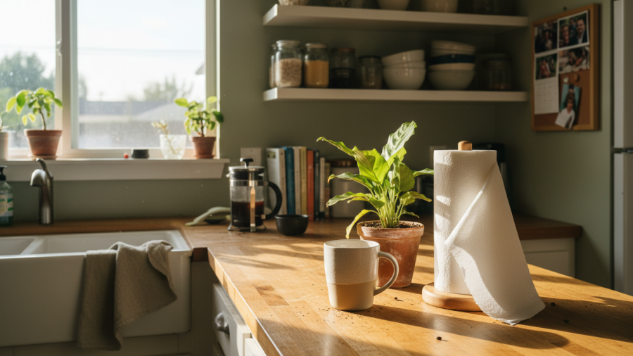 Bright Sacramento kitchen with eco-friendly bamboo paper towels and reusable mug.