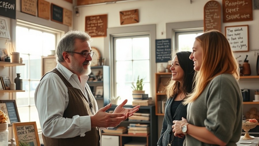 Small shop owner sharing SEO strategies on content quality with attentive customer.