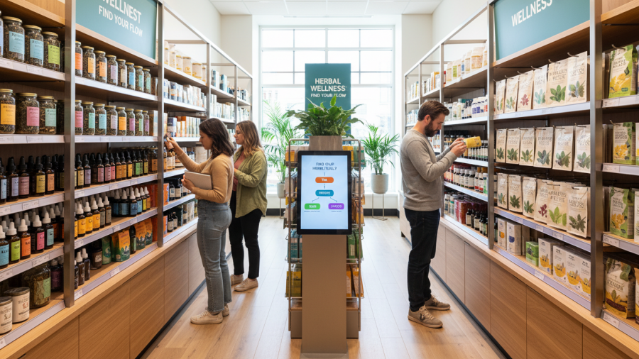 Herbal supplements display of teas, tinctures, and patches in-store environment.