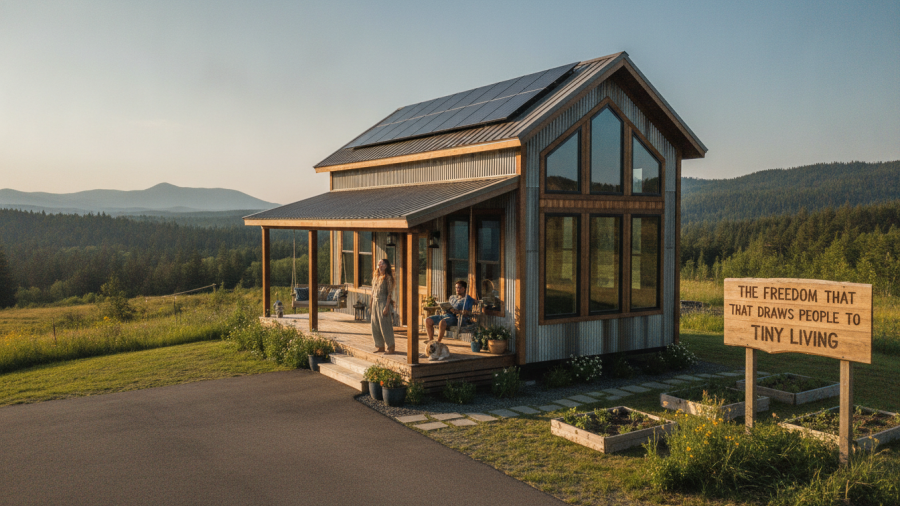 A cozy tiny home in a permanent space, showcasing sustainable living ideas and minimalist lifestyle benefits.