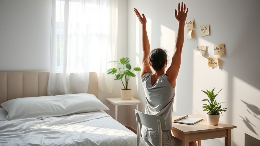 Person stretching in a serene bedroom, journaling affirmations for mind body connection.