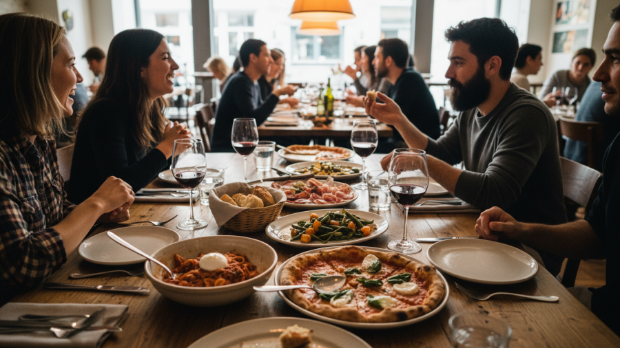 Cozy restaurant scene showcasing vegetarian comfort food ideas with diners enjoying a shared meal.