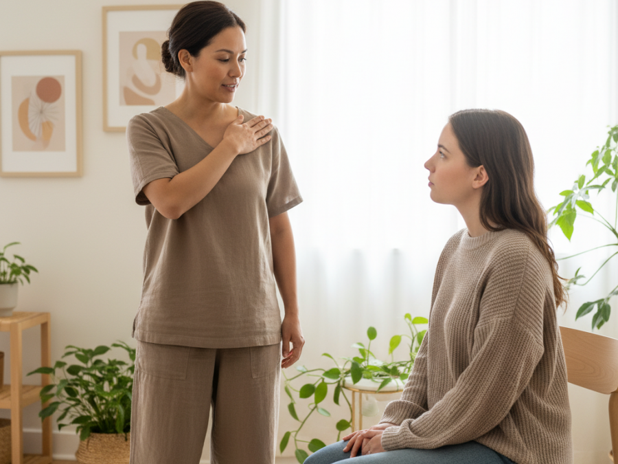Therapist demonstrating luxury spa personalization through body language.