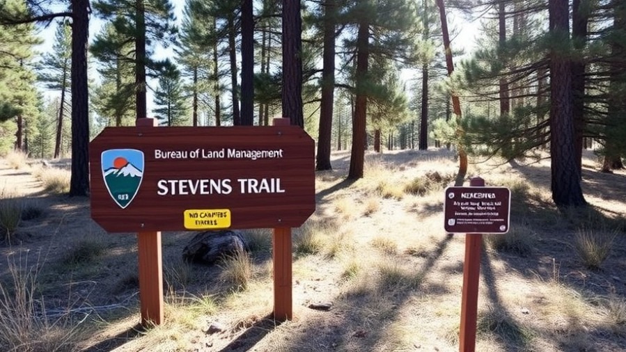 Bureau of Land Management sign at Stevens Trail entrance, surrounded by nature.