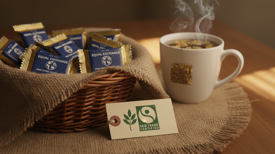 Cozy scene with sustainable candy, Equal Exchange mini chocolate bars, and herbal tea.