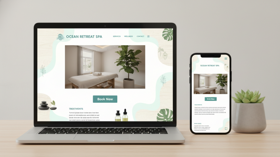 Calming spa website on laptop and smartphone, featuring teal accents and 'Book Now' button.