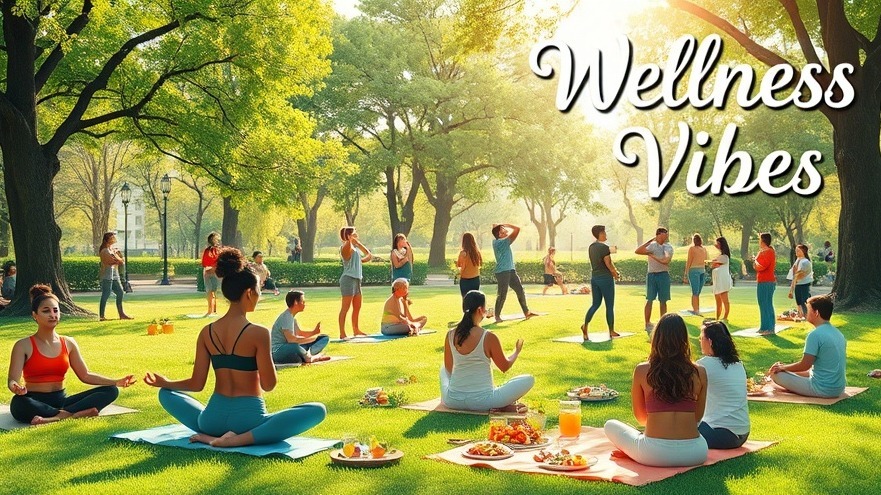 A vibrant scene showcasing a diverse group of people engaging in various wellness activities in a sunny park setting