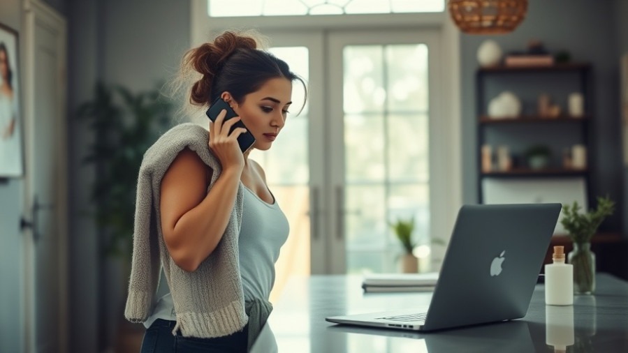 Spa owner multitasking in a lively workspace, reflecting free marketing strategies.