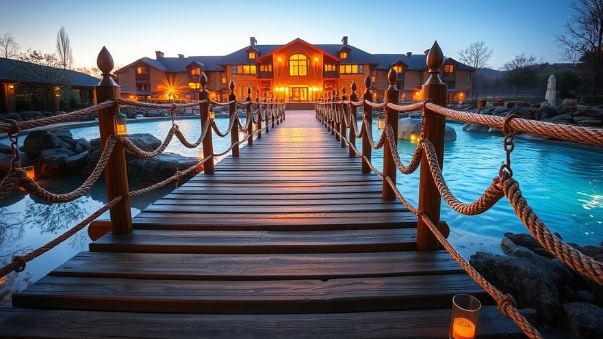 Rustic wooden footbridge over a glowing hot spring pool at twilight.