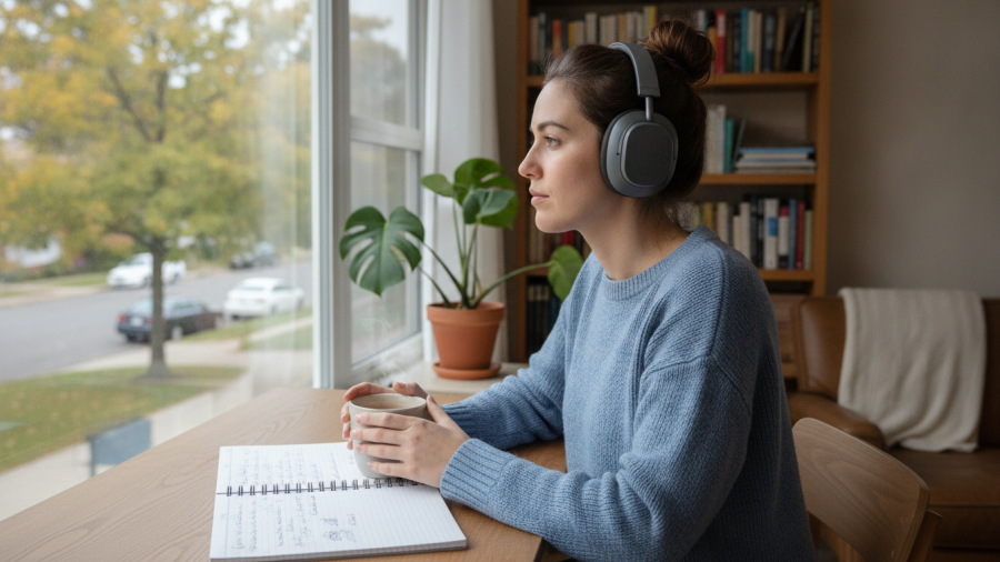 A thoughtful woman using noise-canceling headphones to manage sensory experiences.