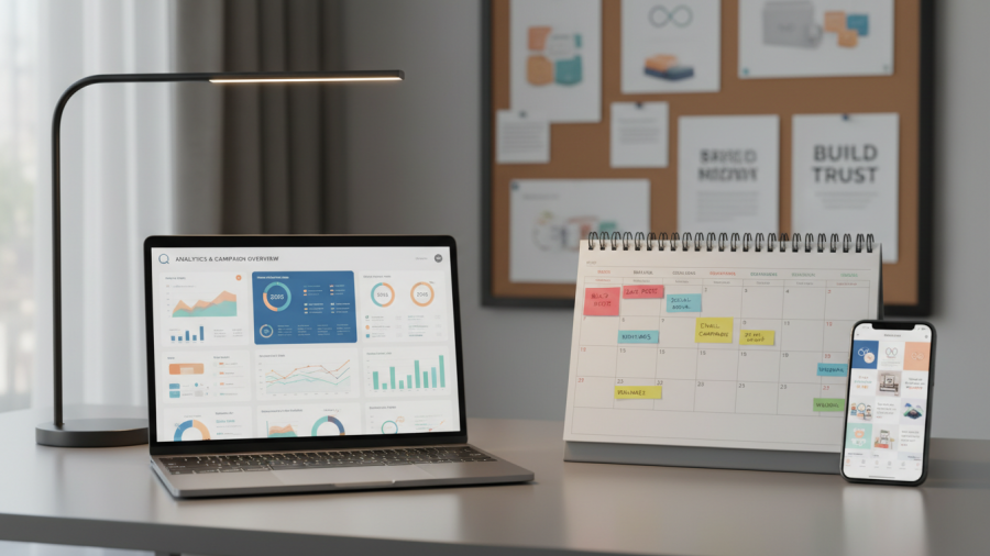 Digital marketing dashboard showcasing consumer relationships and brand storytelling.