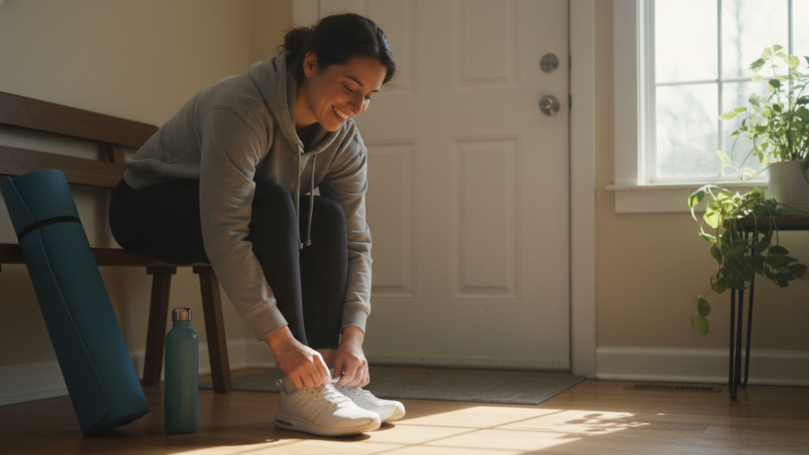 Person lacing sneakers, ready for effective workouts with minimal equipment.