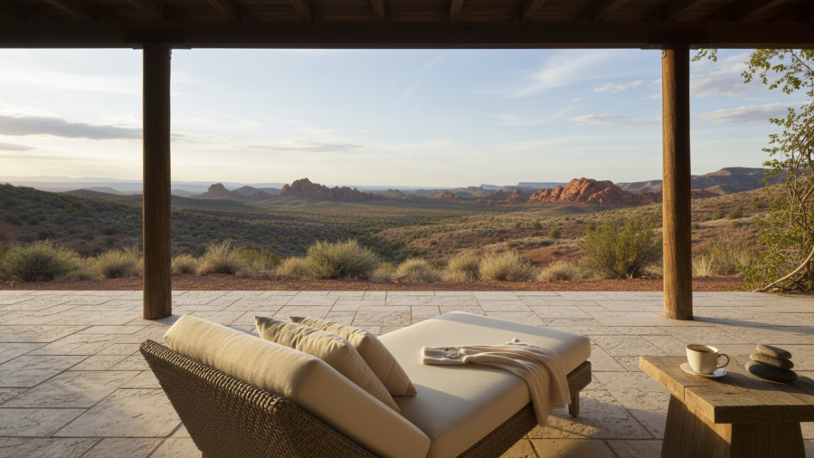 Serene spa treatments on a shaded terrace overlooking the tranquil Southern Utah desert.