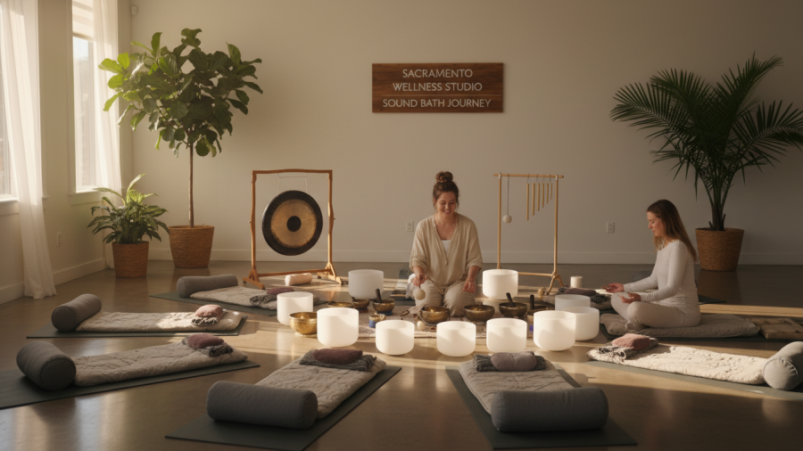 Sound bath preparation for beginners in a warm Sacramento wellness studio.