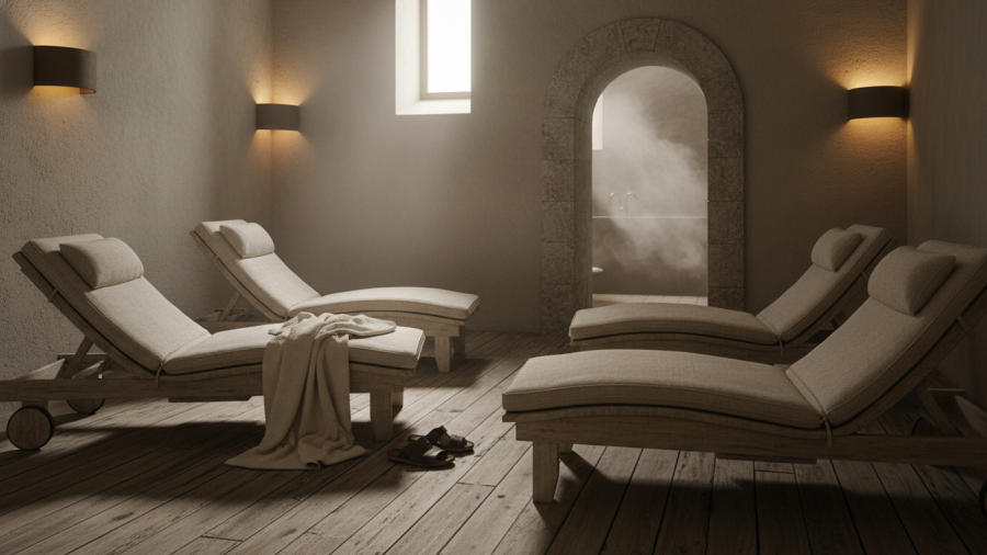 Relaxation in a bathhouse spa, comparing communal and private treatment costs.