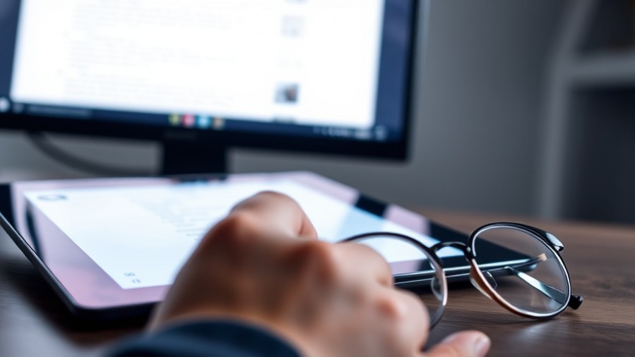 Hand scrolling AI chat interface on tablet, reflecting small business content strategy.