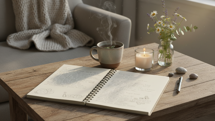 Cozy journaling setup promoting self-acceptance and mental well-being.