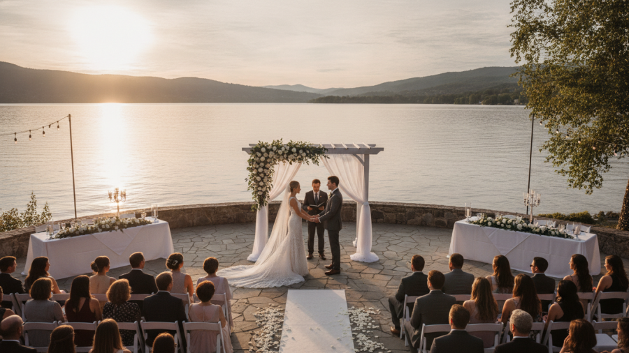 Romantic lakeside outdoor wedding venue in Sacramento with bride and groom.