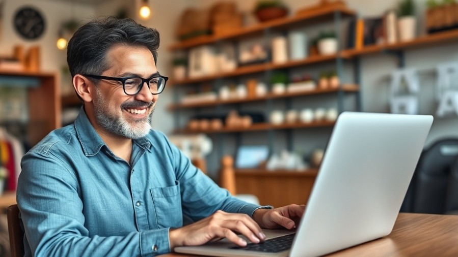 Cheerful small business owner using AI automation capabilities on laptop to streamline tasks.