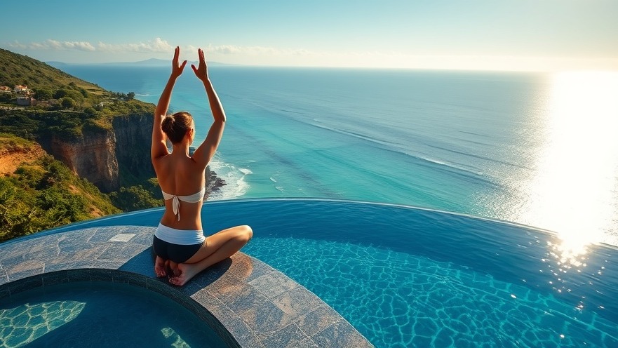 Photorealistic yoga practice on an infinity pool with ocean backdrop and lush greenery.