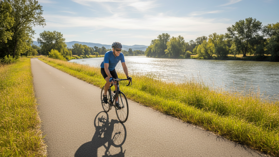 Cyclist enjoying fitness nutrition and healthy habits along the American River Parkway.