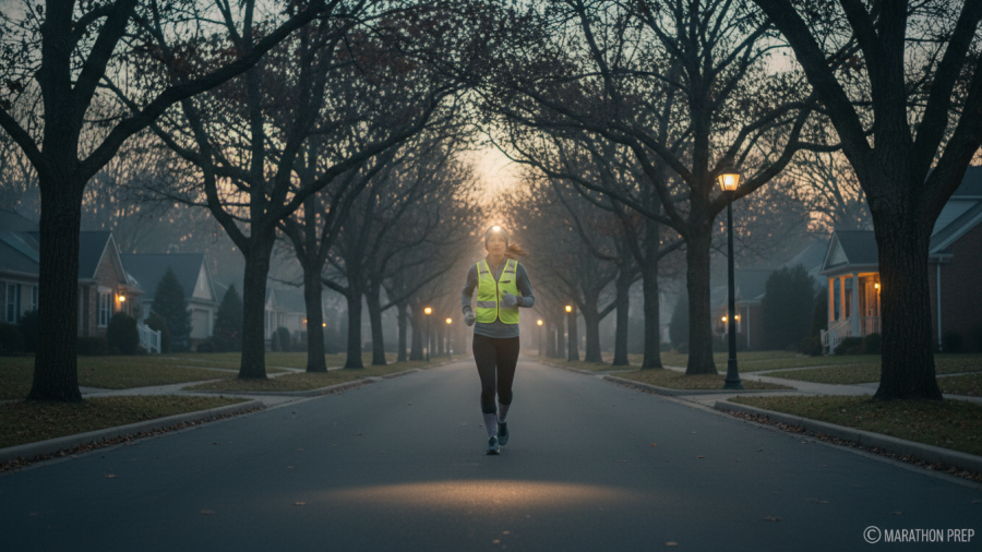A solitary runner training at dawn, highlighting the Sacramento Marathon culture and running community achievements.
