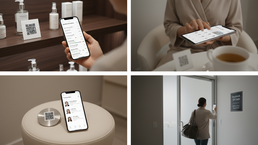 Collage showcases QR code uses in retail and treatment settings.